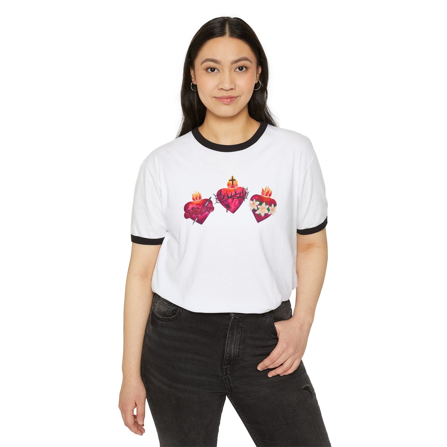 Hearts of the Holy Family - Unisex Cotton Ringer T-Shirt