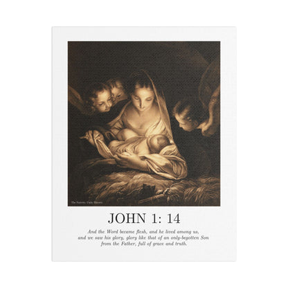 Nativity Canvas Print – John 1:14 Satin Stretched Wall Art
