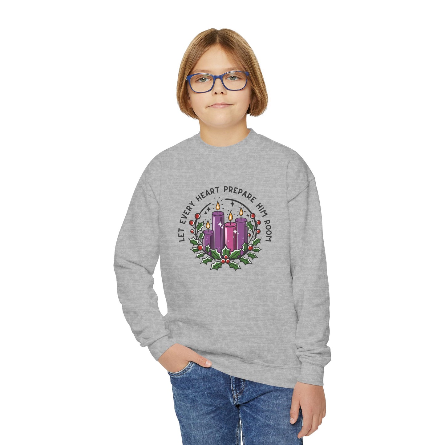 Advent Youth Crewneck Sweatshirt: Let Every Heart Prepare Him Room