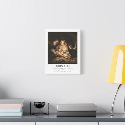 Nativity Canvas Print – John 1:14 Satin Stretched Wall Art