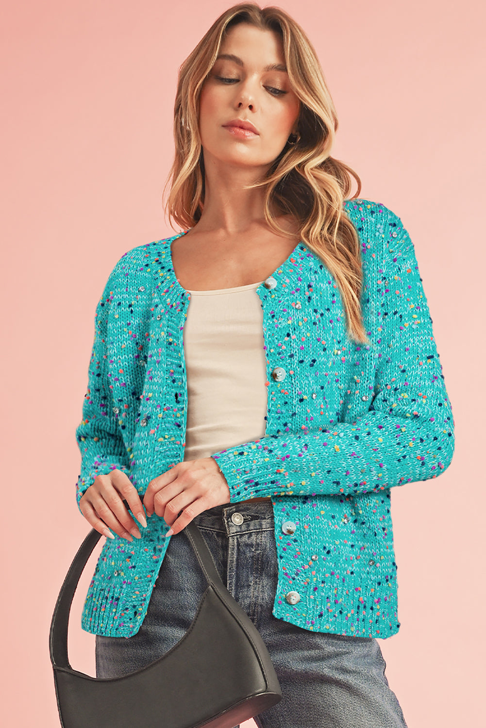 Guadalupe Teal Confetti Knit Cropped Cardigan