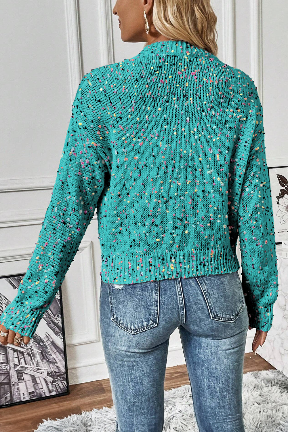 Guadalupe Teal Confetti Knit Cropped Cardigan