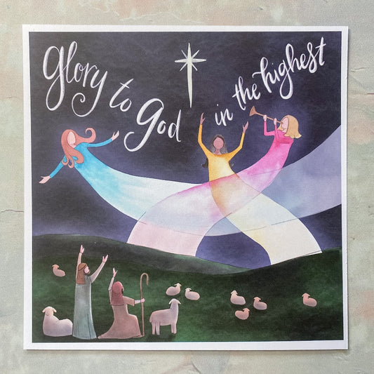 Glory to God Angels and Shepherds Christmas Art Print